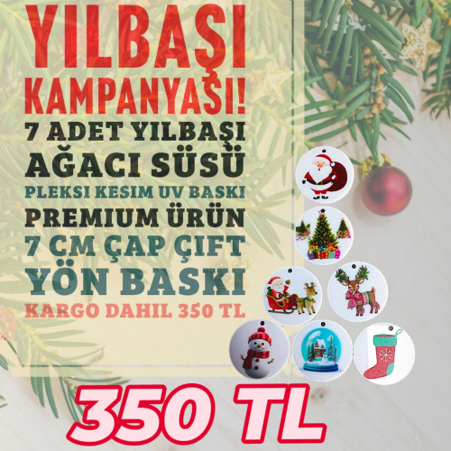 Yılbaşı Ağacı Süsü 7 Adet Pleksi Kesim Çift Taraflı UV Baskı